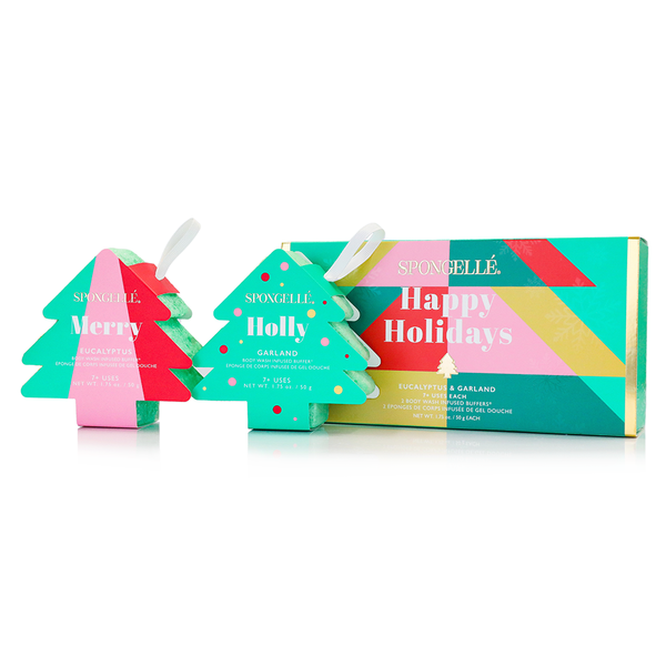 Happy Holidays Holiday Tree Gift Set of 2 Body Wash Infused Buffer