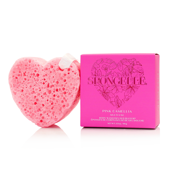 Pink Camellia Heart Body Wash Infused Buffer Pink Sponge