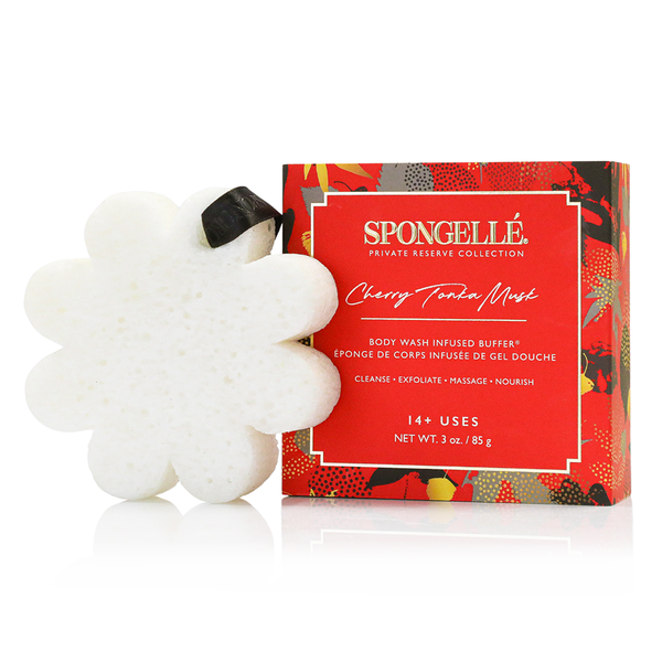 Spongellé Cherry Tonka Musk flower body buffer with packaging on a white background
